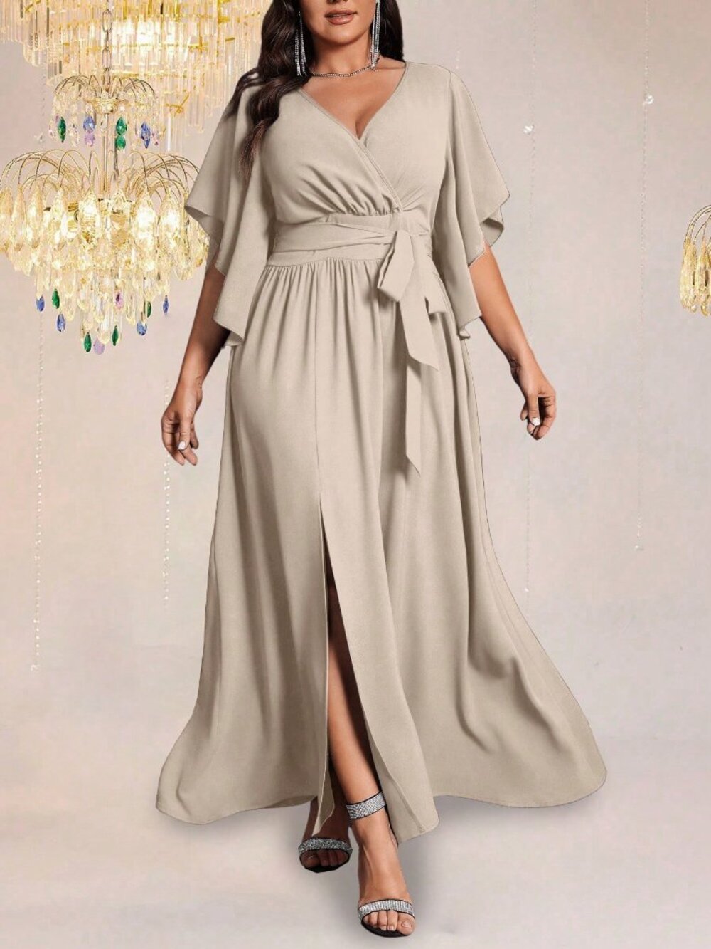 Apricot Elegant Women's Plus Size V Neck Flared Sleeve Party Dress - Picture 3 of 5